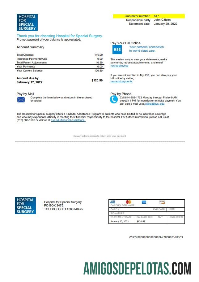 imprimível Modelo de conta de serviços públicos do Hospital dos EUA em Ohio para cirurgia especial em formato Word e PDF